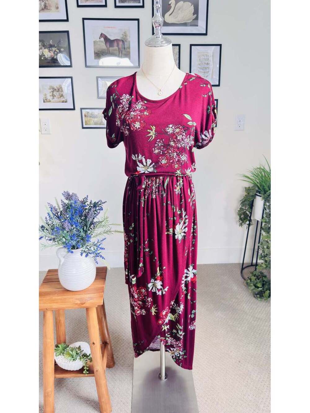 Grecerelle Burgundy Floral Faux-Wrap Maxi Dress - Size S